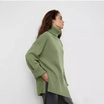 Женский свитер свободного кроя с высоким воротом, однотонный, осенне-зимний S слоновая кость