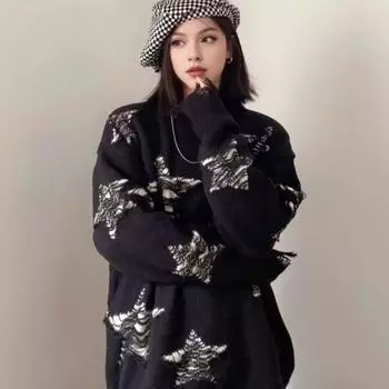 Женский свитер свободного кроя со звездами и круглым вырезом, длинный рукав, свитер, топ, трикотаж на осень-зиму M серый