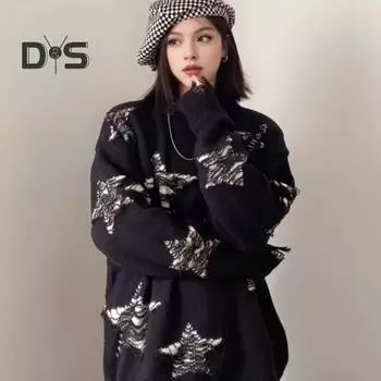 Женский свитер свободного кроя со звездами и круглым вырезом, длинный рукав, свитер, топ, трикотаж на осень-зиму M чёрный