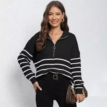 Женский свитер свободного плетения с полосками и застежкой-молнией в полоску, осень/зима One Size чёрный