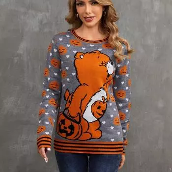 Женский свитер свободного покроя из жаккардовой ткани на осень и зиму S оранжевый