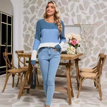 Женский свитер свободного покроя с длинными рукавами и круглым вырезом для поездок на работу, полосатый цветной свитер S коричневый