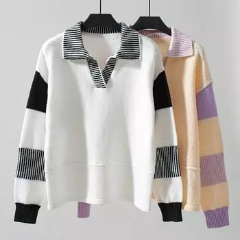 Женский свитер свободного покроя с воротником-поло осень/зима с полосатым узором в стиле колор-блок S чёрный