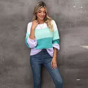 Женский свитер свободного покроя в стиле пэчворк на осень и зиму S розовый