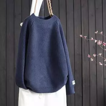 Женский свитер свободной вязки с круглым вырезом осень/зима 2024 года: Простой однотонный свитер с длинными рукавами M