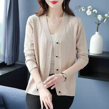 Женский свитер, свободный кардиган, новинка 2023 года, новинка весны и осени, повседневный однотонный вязаный кардиган с v-образным вырезом и длинными рукавами