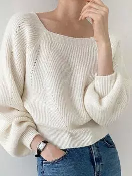 Женский свитер толстой вязки: Осень/зима 2023, квадратный воротник, рукава-фонарики, свободный крой. One Size чёрный