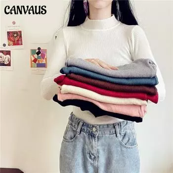 Женский свитер, тонкий, осенне-зимний, однотонный, базовый, с полувысоким воротником, вязаный женский свитер One Size кофейный