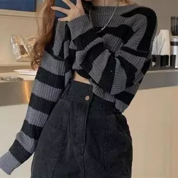 Женский свитер, трикотажный свитер в полоску, с длинными рукавами и круглым вырезом, повседневный свободный короткий топ One Size