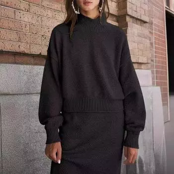 Женский свитер, юбка, комплект одежды, воротник-стойка с длинным рукавом, трикотажный пуловер, топ, модная облегающая юбка, повседневный костюм S чёрный