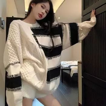 Женский свитер в черно-белую полоску в стиле пэчворк Design sense, 2023, свободный вязаный свитер с длинными рукавами, пуловер One Size белый