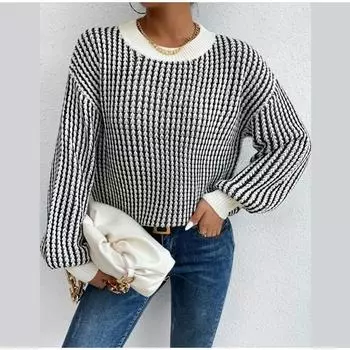 Женский свитер в клетку, повседневный, утолщенный, с круглым вырезом, свободный, женский трикотаж, весна-осень S чёрный