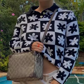 Женский свитер в клетку с длинными рукавами в стиле ретро Y2k S оранжевый