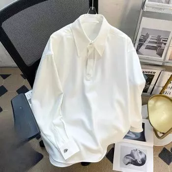 Мужская рубашка в консервативном стиле, осень-зима, свободный воротник-поло, мужской пуловер, свободная универсальная однотонная блузка с длинным рукавом M чёрный