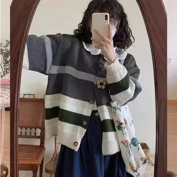 Женский свитер в контрастную полоску, осень-зима 2023, винтажный гонконгский топ с длинными рукавами, вязаный кардиган, женский свитер