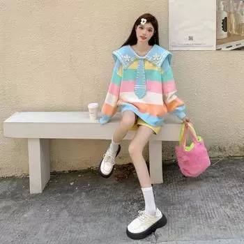 Женский свитер в контрастную полоску с воротником Питер Пэн, свободный женский трикотажный топ, пуловер, женские свитера с длинными рукавами One Size розовый