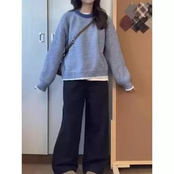 Женский свитер в контрастную полоску в стиле ретро, свободный повседневный топ в японском стиле, удобный женский пуловер с длинными рукавами для осени и зимы S синий