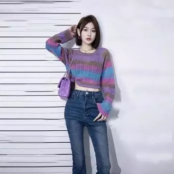 Женский свитер в ленивую радужную полоску, весна 2023, французский усовершенствованный дизайн, пуловер для небольшой толпы, вязаный свитер, женский топ One Size розовый