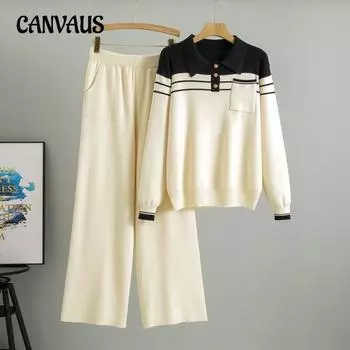 Женский свитер в полоску большого размера, весенний, новый, свободный, модный, повседневный, трикотажные брюки с широкими штанинами, комплект из двух предметов One Size верблюд