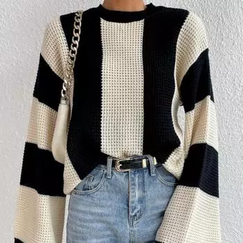 Женский свитер в полоску Clash Casual с расклешенными рукавами для осени и зимы S бежевый