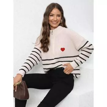 Женский свитер в полоску, лоскутное шитье, свободный свитер с высокой горловиной и застежкой-молнией One Size чёрный