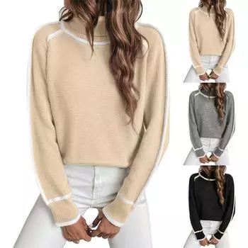 Женский свитер в полоску осень-зима с длинным рукавом и открытыми плечами, свободный трикотажный пуловер L чёрный