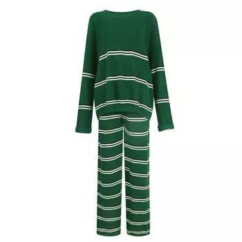 Женский свитер в полоску с круглым вырезом и длинными рукавами, повседневный комплект из двух частей: топ и брюки L зелёный