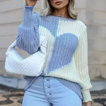 Женский свитер в полоску с сердечками, модный пуловер, повседневный трикотаж, одежда с круглым вырезом, свитера, топ XL