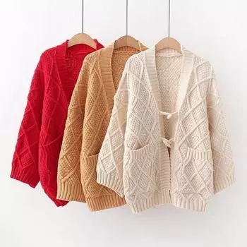 Женский свитер в японском студенческом стиле с роговой пряжкой, жаккардовый свободный вязаный кардиган с v-образным вырезом, женский весенний свитер