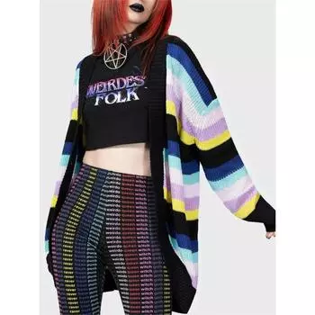 Женский свитер в стиле готики и панка, модный кардиган с длинным рукавом, повседневный свободный свитер с заниженной линией плеч, кардиган для Хэллоуина, верхняя одежда S