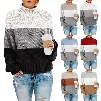 Женский свитер в стиле «Осень-Зима» с высоким воротником и длинными рукавами в стиле пэчворк S белый/чёрный