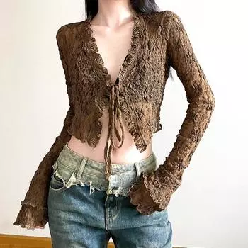 Женский свитер в стиле ретро с плиссировкой, шнуровкой, длинными рукавами и V-образным вырезом, тонкий трикотажный свитер 2024 года выпуска S коричневый