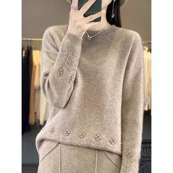 Женский свитер в стиле ретро с жаккардовым узором, с круглым вырезом, длинными рукавами, свободный однотонный свитер, вязаный пуловер, теплый и удобный, на осень и зиму S верблюд