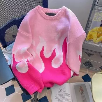 Женский свитер в стиле ретро в стиле хип-хоп с градиентом пламени, женский трикотаж, осень-зима, шикарный пуловер с круглым вырезом