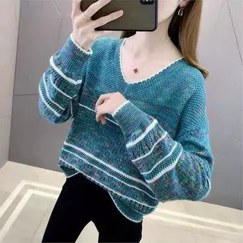 Женский свитер весна-лето в японском стиле, свежий, цветной, с V-образным вырезом, длинными рукавами, в стиле ретро, повседневный вязаный свитер для женщин, дышащий слой one size жёлтый