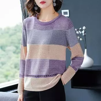 Женский свитер весна-осень корейская версия цветного сочетания свободная полосатая рубашка с длинными рукавами свитер ажурная тонкая блузка S кофейный
