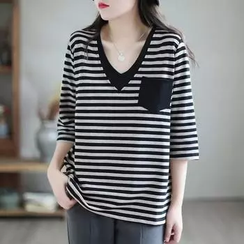 Женский свитер весна-осень с V-образным вырезом, три четверти, однотонный карман, полосатая нашивка, свободный молодежный стиль, модная повседневная футболка, топы M чёрный