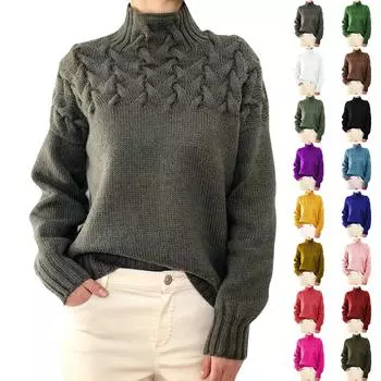 Женский свитер, водолазка, повседневный однотонный свободный пуловер с длинным рукавом и V-образным вырезом, массивный вязаный пуловер, топы L армия зеленый