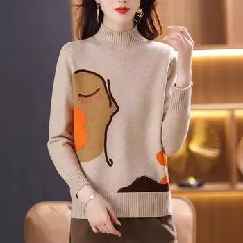 Женский свитер-водолазка с мультяшным принтом, короткий свитер с цветными блоками, трикотажный свитер из эластичной трикотажной ткани M красный