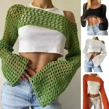 Женский свитер, вязаный крючком, ажурный укороченный топ, стильная удобная блузка, уличная одежда на осень L зелёный