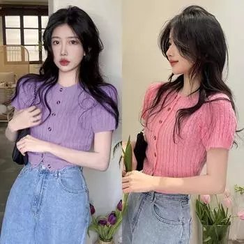 Женский свитер, вязаный укороченный топ на пуговицах спереди, вязаная блузка, рубашка