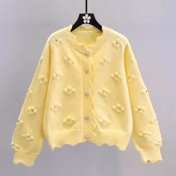 Женский свитер-жакет с 3D-цветочным узором и бусинами - весна 2024 г. Стильный японский колледж-стиль, вязаный кардиган, продлевающий возраст One Size светло-синий