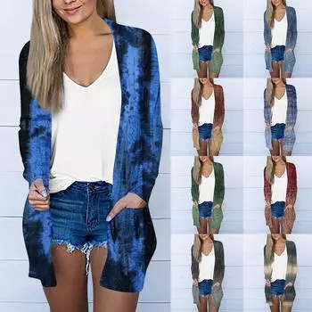 Женский свитер, женский кардиган с длинными рукавами, легкое пальто, повседневный осенний свитер с принтом и карманами