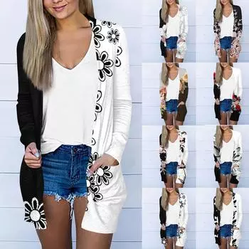 Женский свитер, женский кардиган с длинными рукавами, легкое пальто, повседневный осенний свитер с принтом и карманами L
