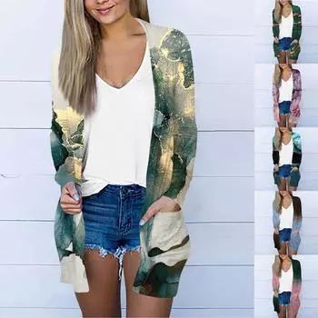 Женский свитер, женский кардиган с длинными рукавами, легкое пальто, повседневный осенний свитер с принтом и карманами XL синий