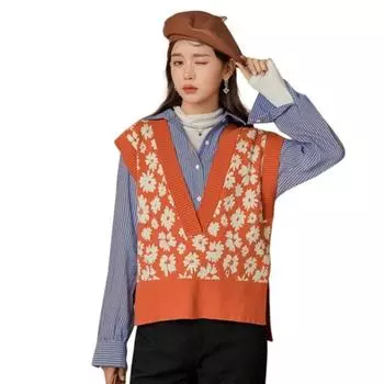 Женский свитер-жилет Daisy Color Contrast Casual Fashion Knitted Retro