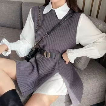 Женский свитер, жилет, рубашка с рукавами-фонариками, комплект из двух предметов с поясом, осенние модные джемперы, офисный женский пуловер One Size абрикосовый