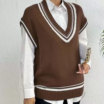 Женский свитер-жилет с глубоким V-образным вырезом, осенне-зимний, с яркими полосками One Size синий