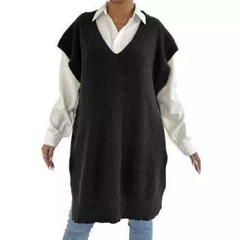 Женский свитер-жилет с V-образным вырезом, без рукавов, однотонный, вязаный, свободного кроя чёрный