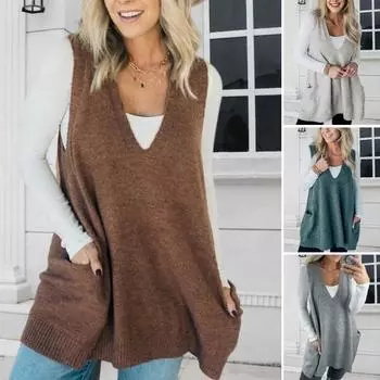 Женский свитер-жилет с V-образным вырезом, без рукавов, с карманами, средней длины, трикотажные топы, однотонные, осень-зима, повседневные XL зелёный/серый